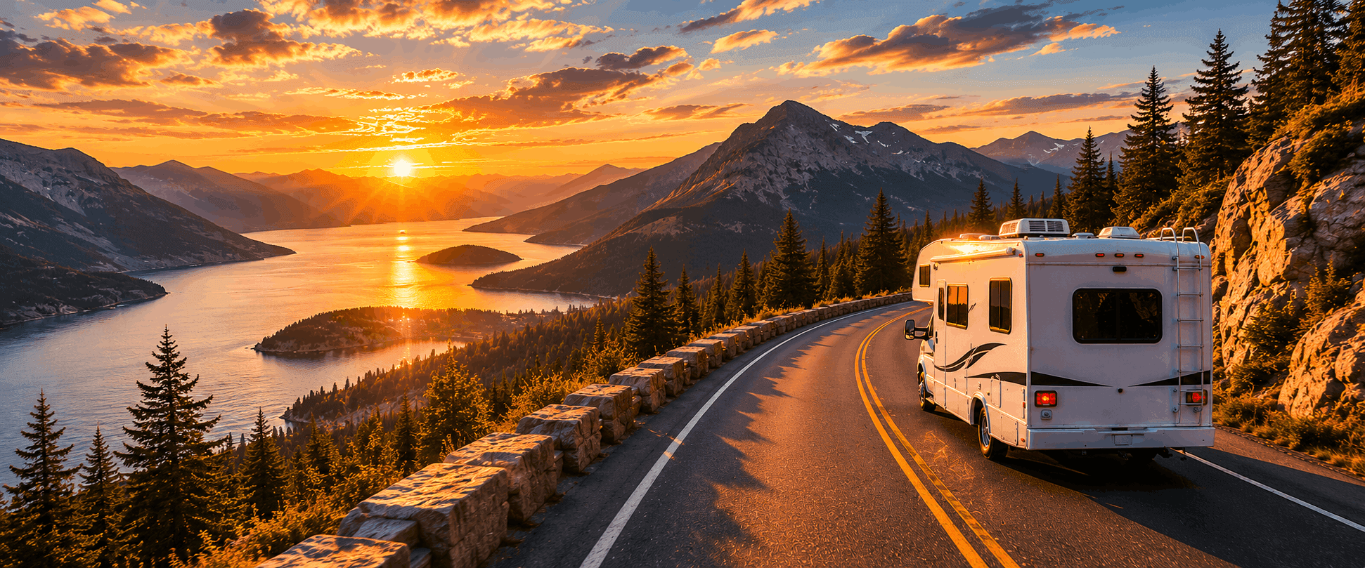 Wohnmobil der Klasse C auf einer kurvigen Bergstraße bei Sonnenuntergang über einem See
